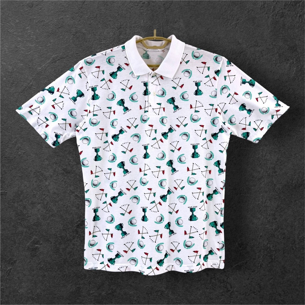 Christopher Hayes Mens Vintage Golf Print Polo Shirt White Large Short Sleeve